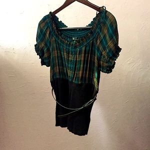 Bohemian Plaid Button Up Shirt Blouse with Belt